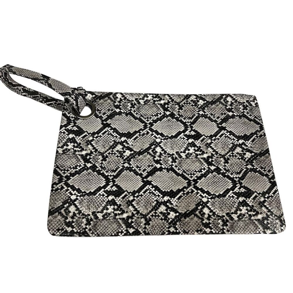 Black & Gray Snake Print Faux Leather Clutch Zip Closure Women's Bag